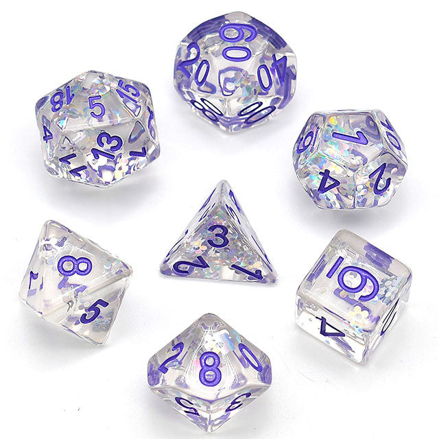 Flashing Plum Glitter Flower filled Polyhedral Dice Set